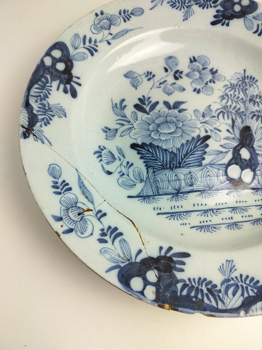 19th Century Delft Wall Hanging Charger Plate Blue White Antique Flowers Pattern photo furniture