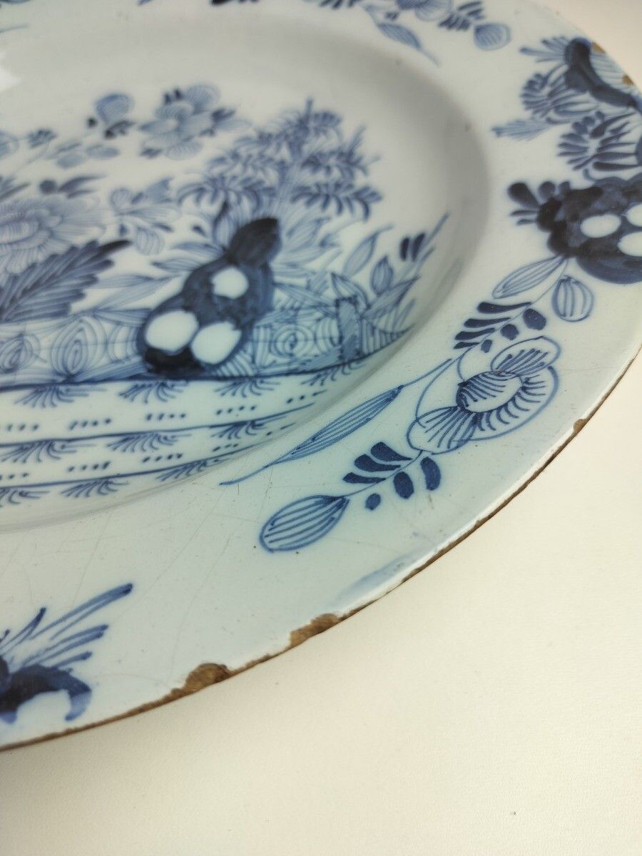 19th Century Delft Wall Hanging Charger Plate Blue White Antique Flowers Pattern photo Art