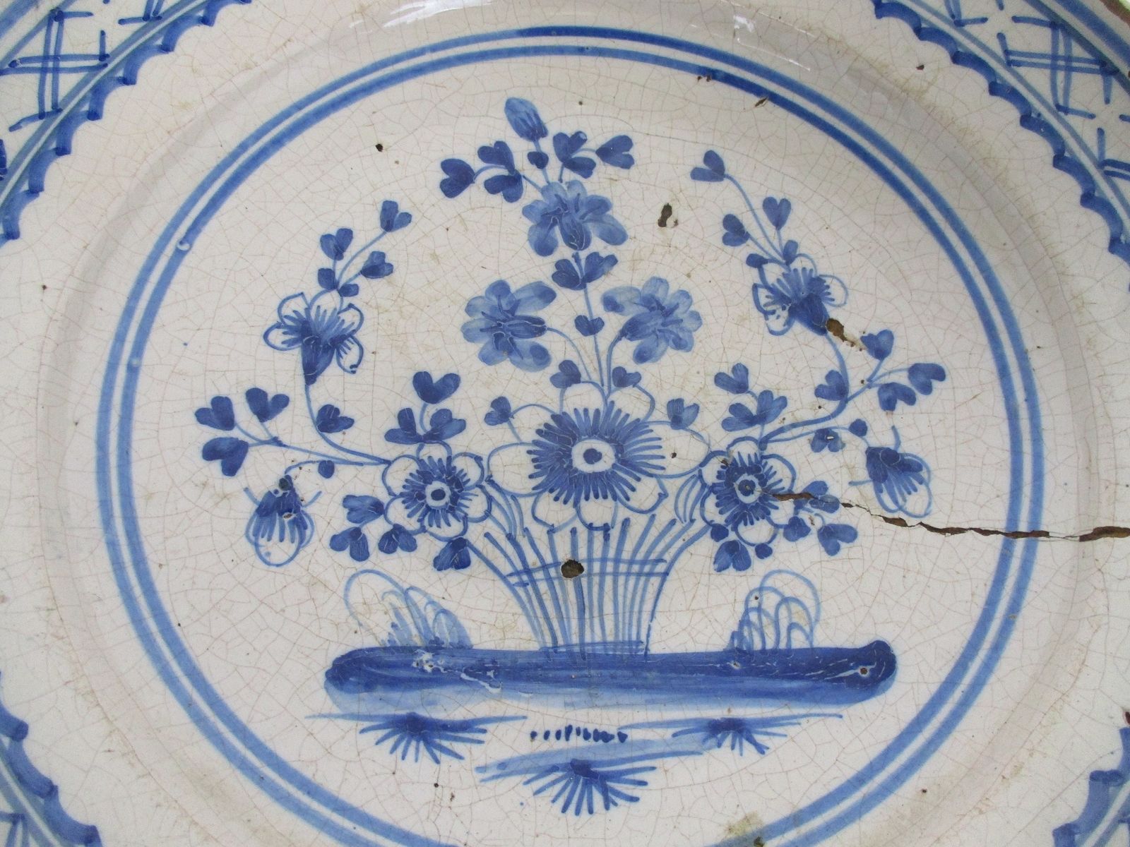 19th Century Delft Wall Hanging Charger Plate Blue White Antique Flower Pattern photo 142.0