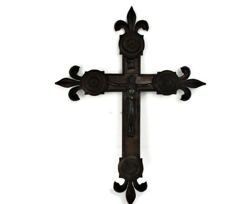 French Vintage Ornate Hand Carved Wood Oak Hanging Crucifix Cross Jesus Christ C