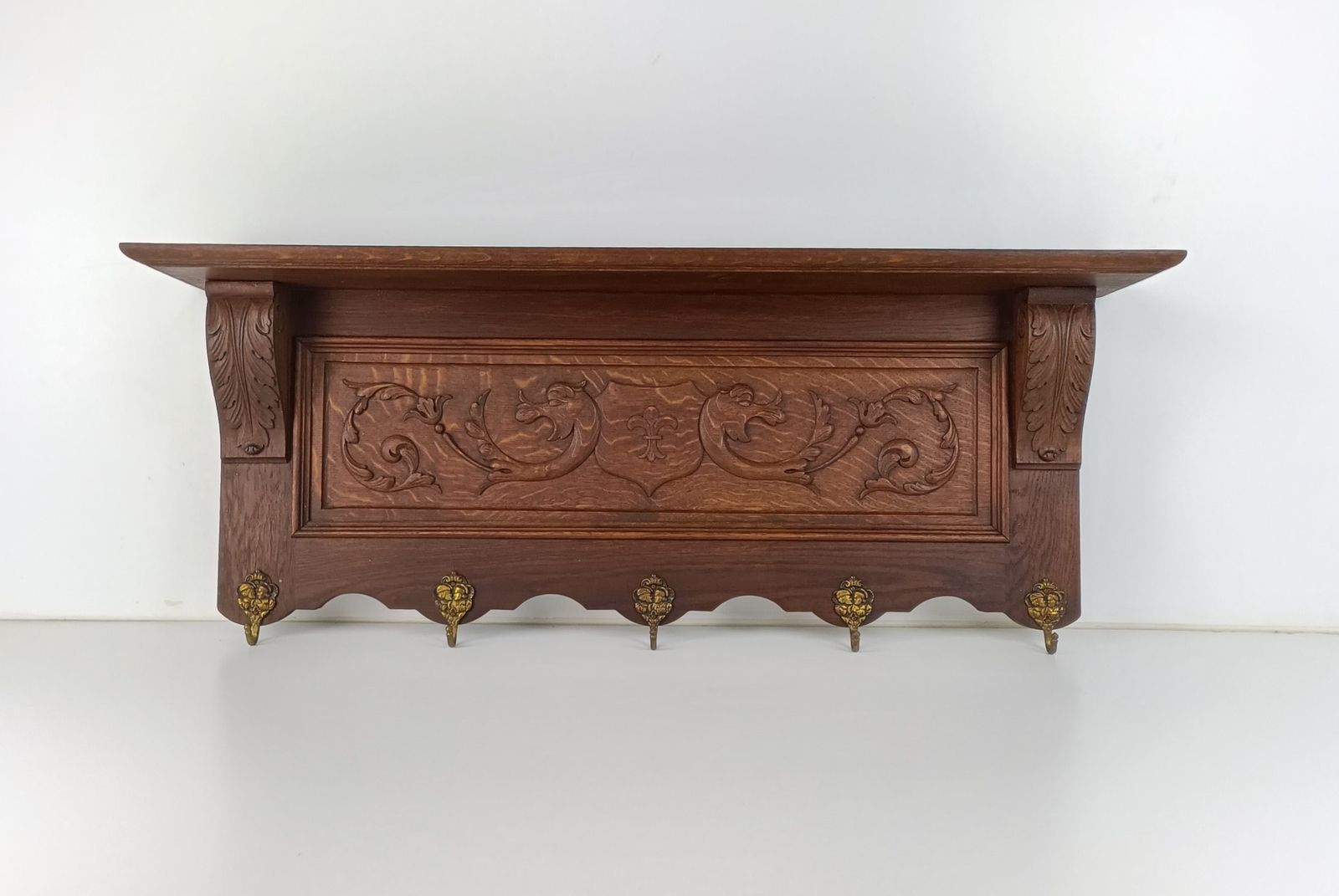 Gorgeous Antique Carved Wood Coat Hat Rack Ornate Etched Hand Carved Wood Shield photo furniture