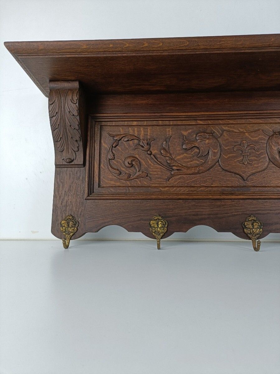 Gorgeous Antique Carved Wood Coat Hat Rack Ornate Etched Hand Carved Wood Shield photo vintage