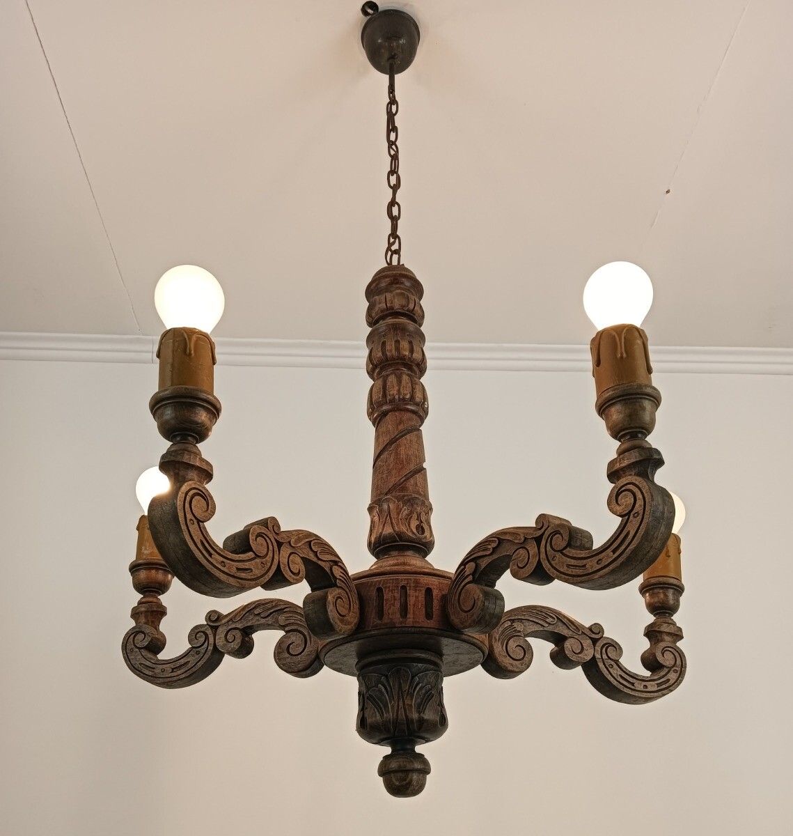 Vintage Carved Wood Wooden Chandelier 5 Lights Arm Farmhouse Barn Style photo vinterior