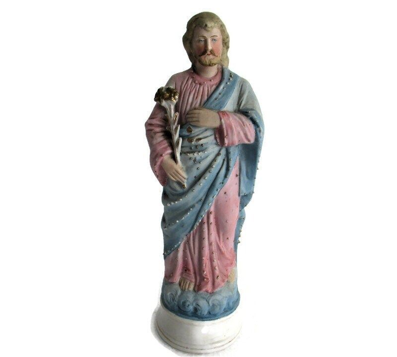 Antique Statue Saint Joseph Protector Of Homes Bisque Porcelain Lovely Pastel Pi