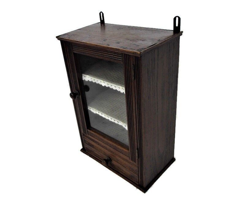 Vintage Kitchen Apothecary Bathroom Wall Cabinet Display Glass Door Lovely Oak