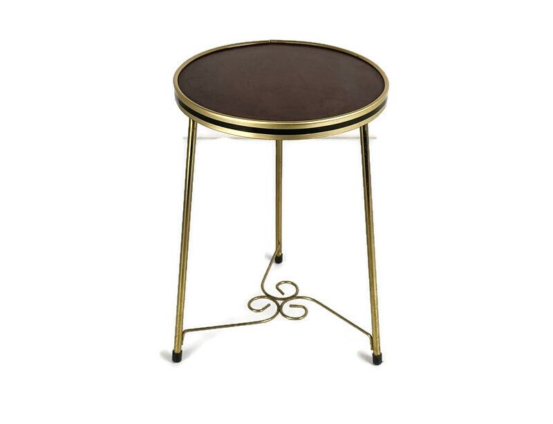 Modernist Round Side Table Ornate Brass Veneer Top Occasional Table Pedestal Pla