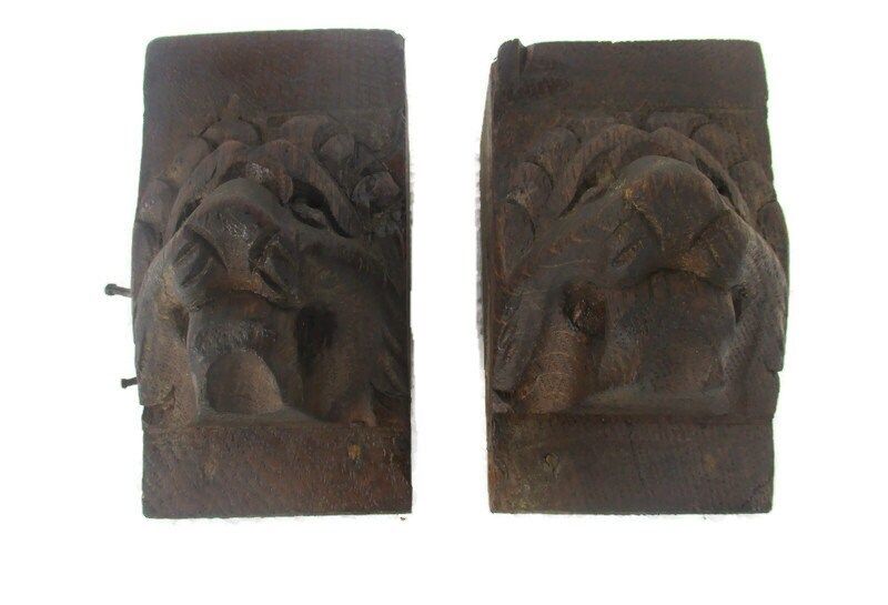 Antique Pair Corbels Hand Carved Wood Architectural Reclaimed Lion Heads Trim