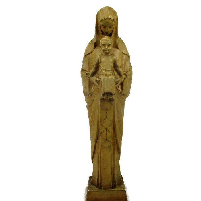 Xl  Art Deco Plaster Statue Virgin Mary Infant Child Madonna Signed Gorgeous