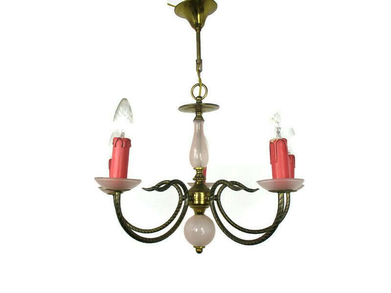 Chandelier Hollywood Regency Romantic 5 Arm Lights Opaline Glass Pink Brass