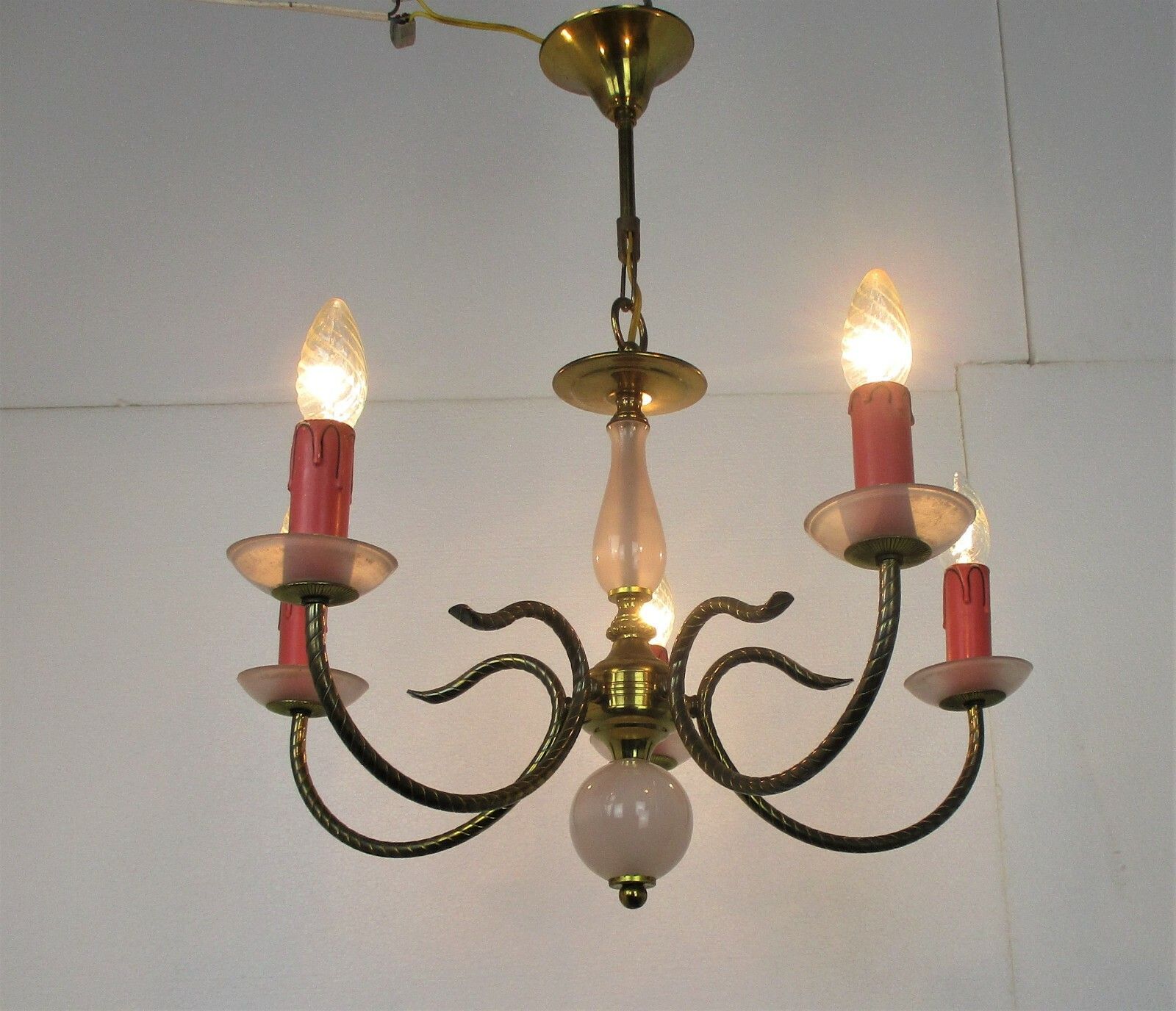 Chandelier Hollywood Regency Romantic 5 Arm Lights Opaline Glass Pink Brass photo furniture
