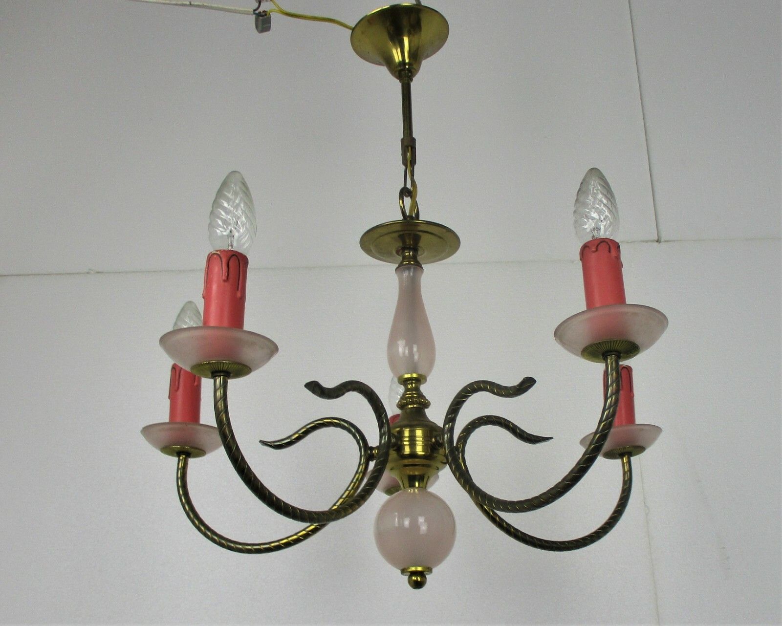 Chandelier Hollywood Regency Romantic 5 Arm Lights Opaline Glass Pink Brass photo vinterior
