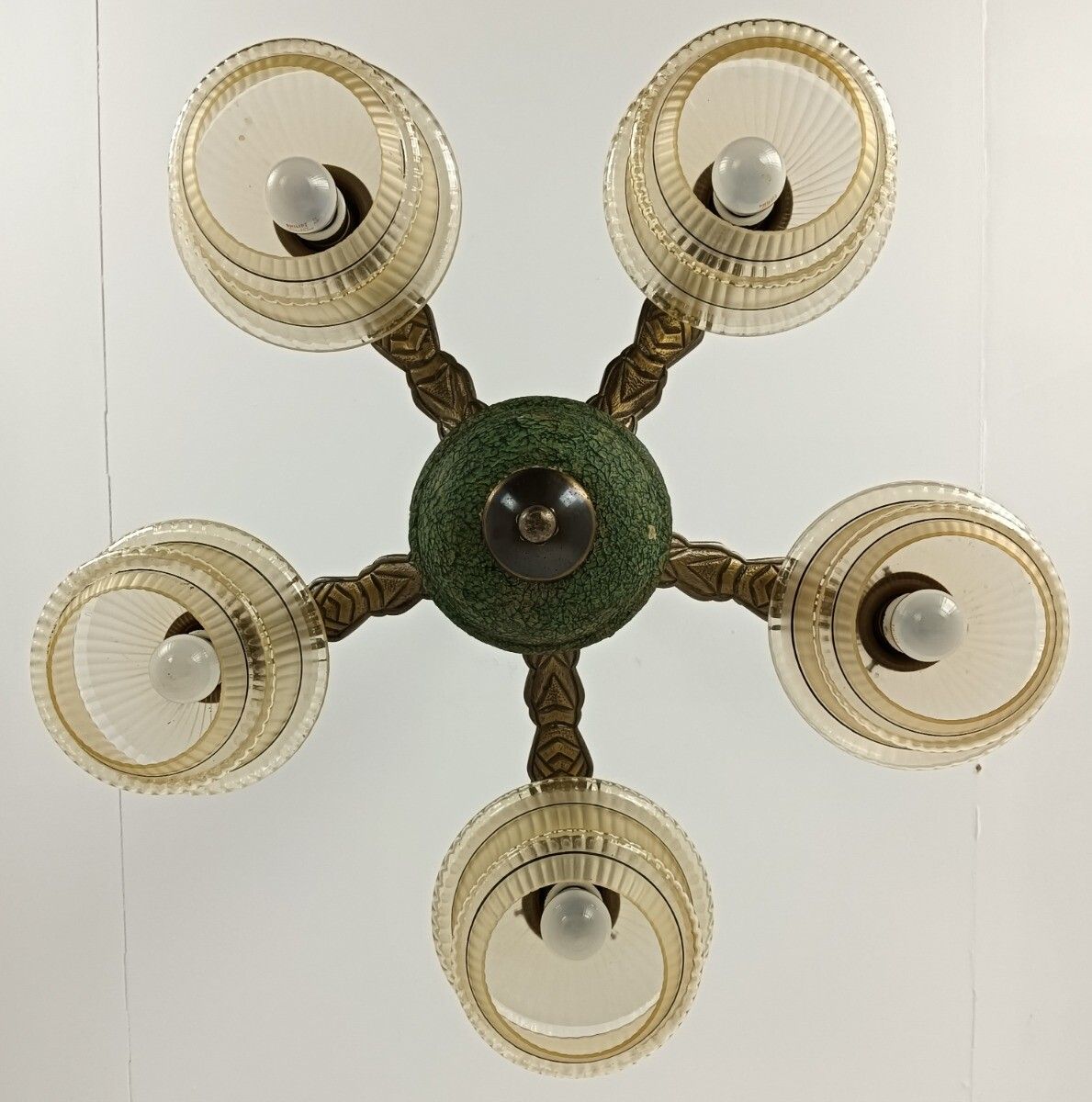 Art Deco Chandelier Antique Fixture Art Glass Uranium Lights Up Extremely Rare 5 photo vinterior