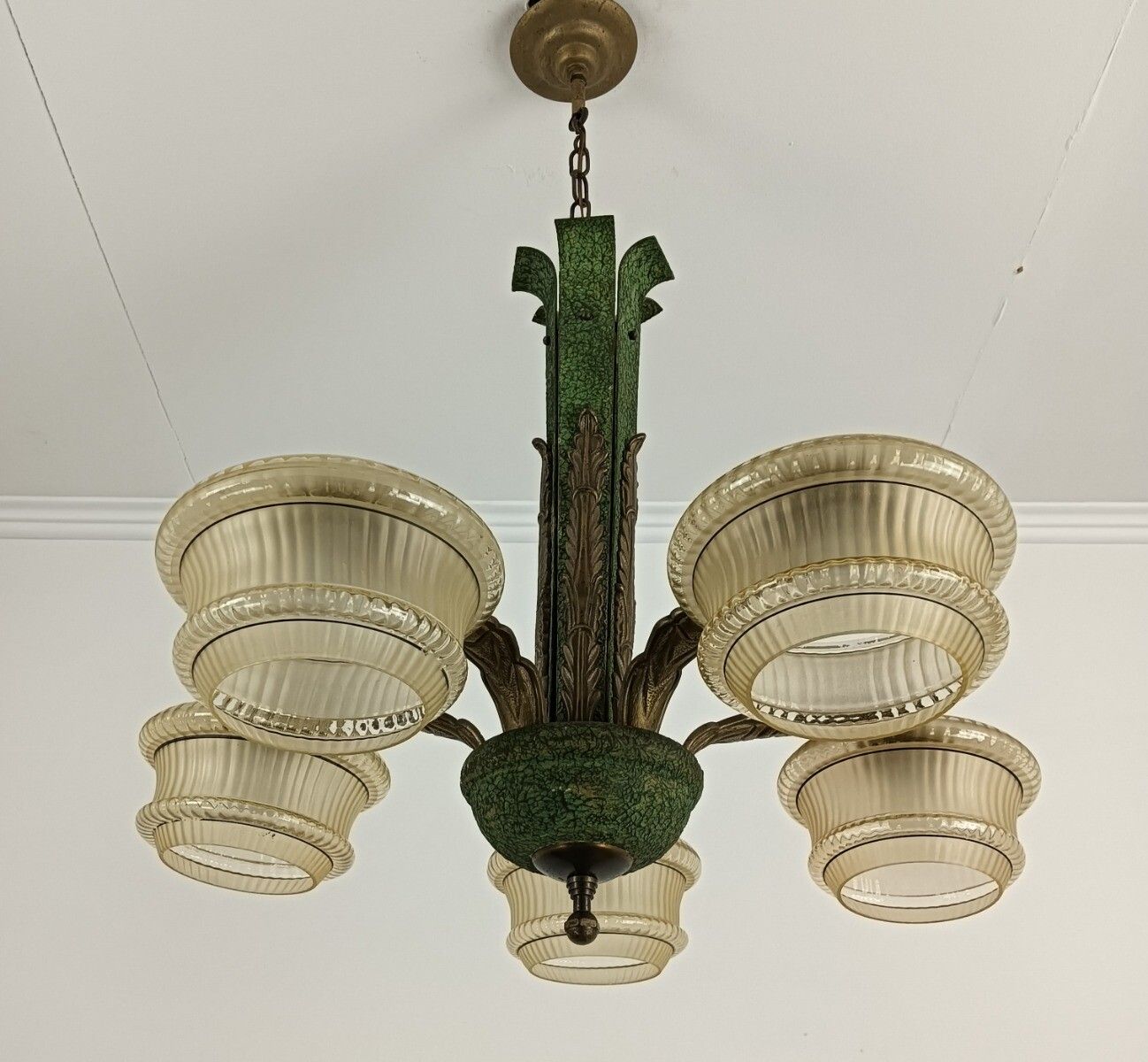 Art Deco Chandelier Antique Fixture Art Glass Uranium Lights Up Extremely Rare 5 photo buy