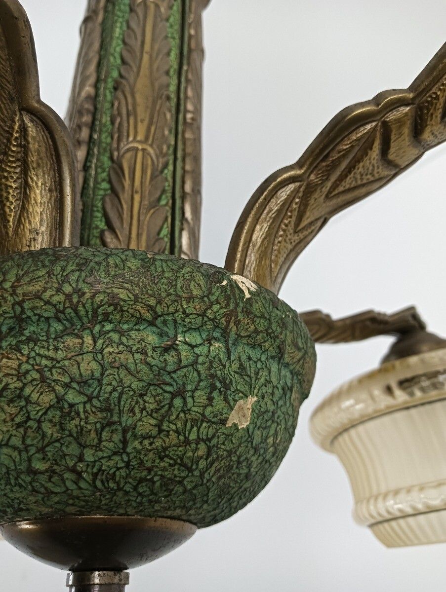 photo for sale Art Deco Chandelier Antique Fixture Art Glass Uranium Lights Up Extremely Rare 5
