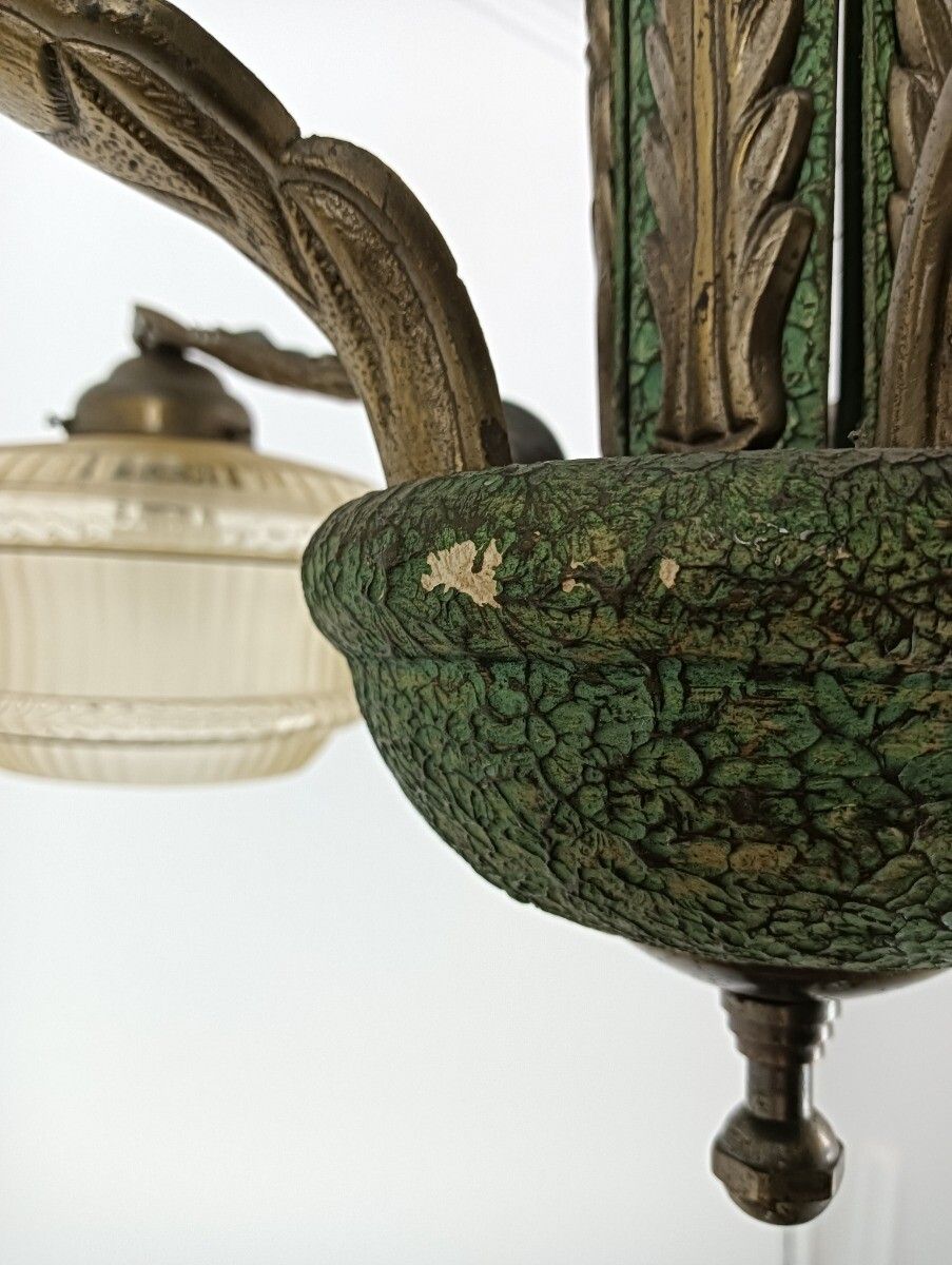 Lighting Art Deco Chandelier Antique Fixture Art Glass Uranium Lights Up Extremely Rare 5 photo