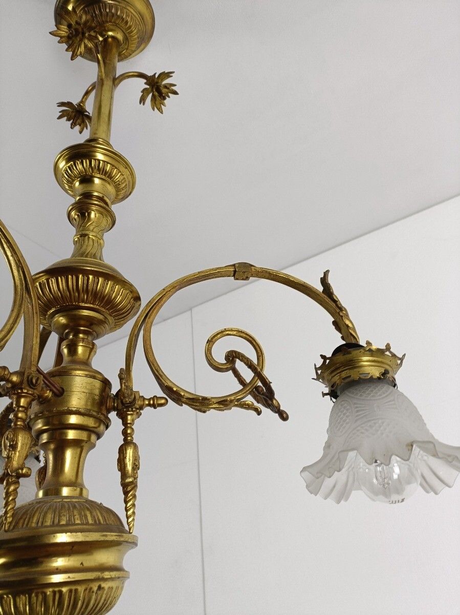 Brass Antique Gas Chandelier Electrified 3 Arms Lights Ornate Tulip Shaped Shade photo vinterior