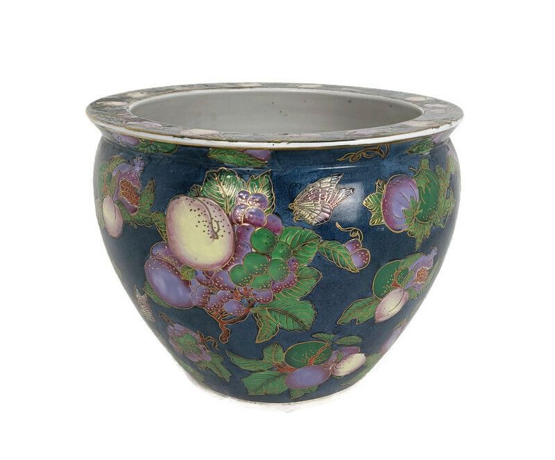 L Vintage Chinese Porcelain Koi Fish Bowl Planter Vase Cachepot Flowers Gorgeous