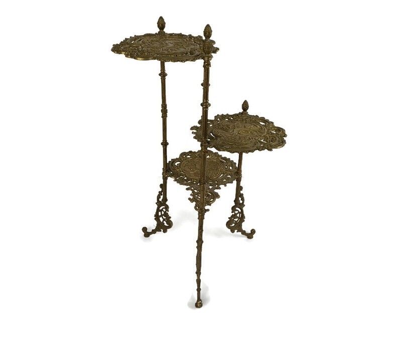 Ornate French Brass Pedestal Table Plant Stand 3 Tier Hollywood Regency Birds Wo