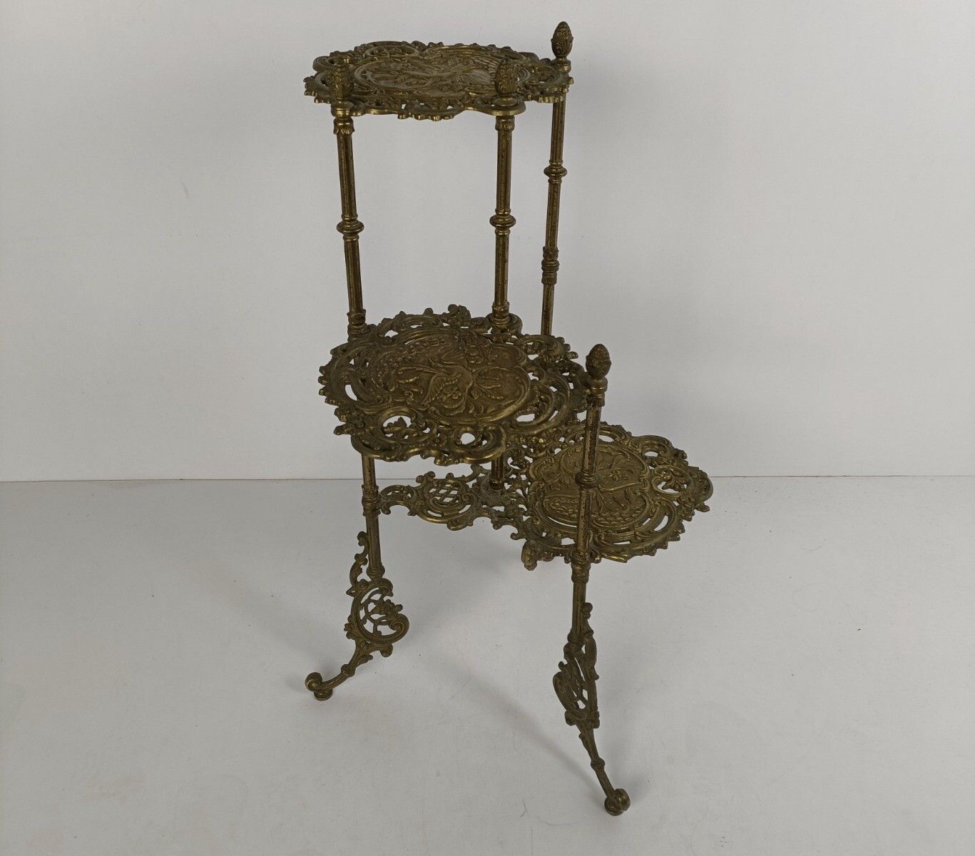 Ornate French Brass Pedestal Table Plant Stand 3 Tier Hollywood Regency Birds Wo photo for sale