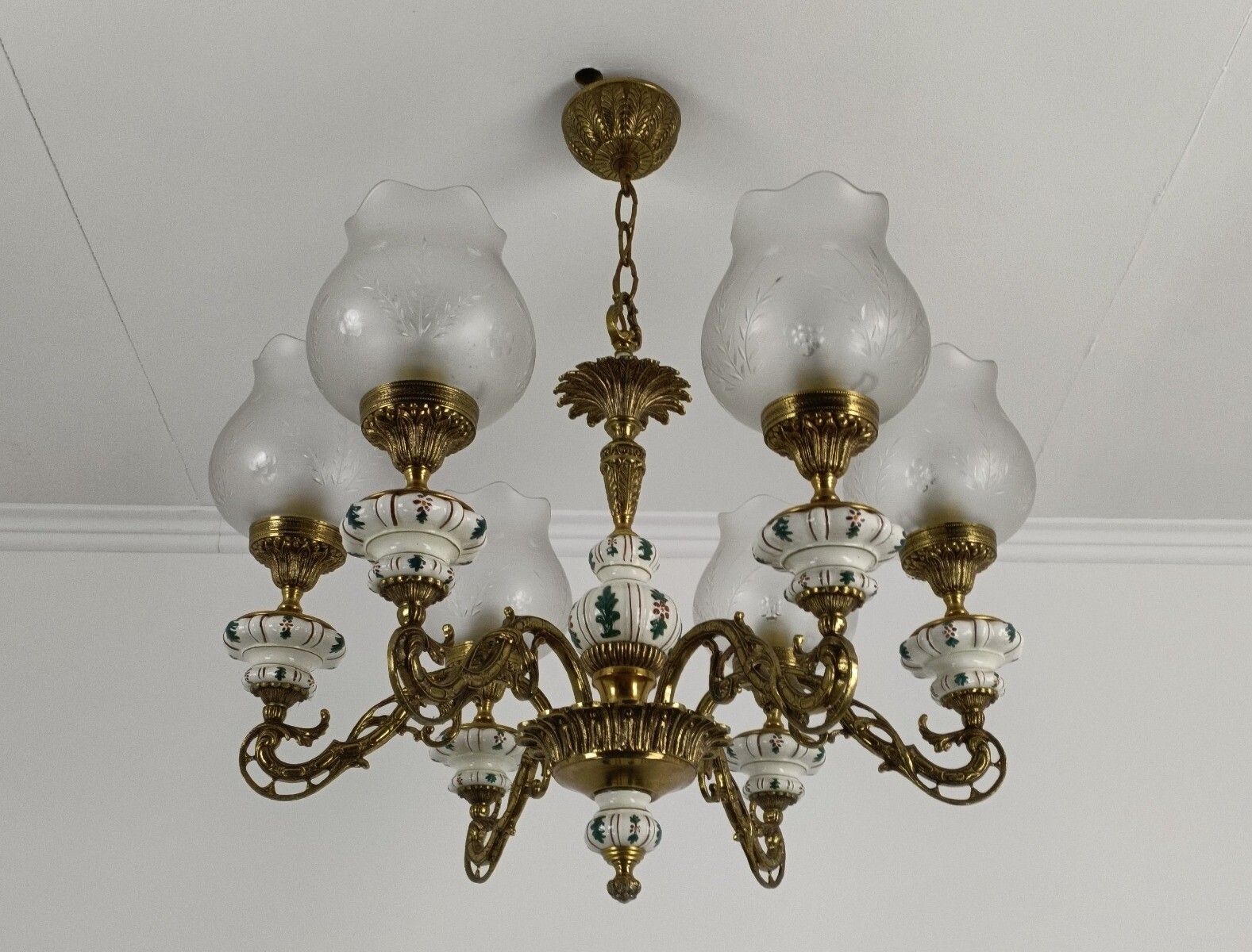 Vintage Chandelier Brass Porcelain Glass Shades 6 Lights Fixture Light photo furniture