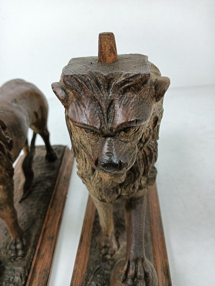 Stunning Antique Hand Carved Wood Figurines Pair Lions Large Trims Reclaimed Arc photo vintage