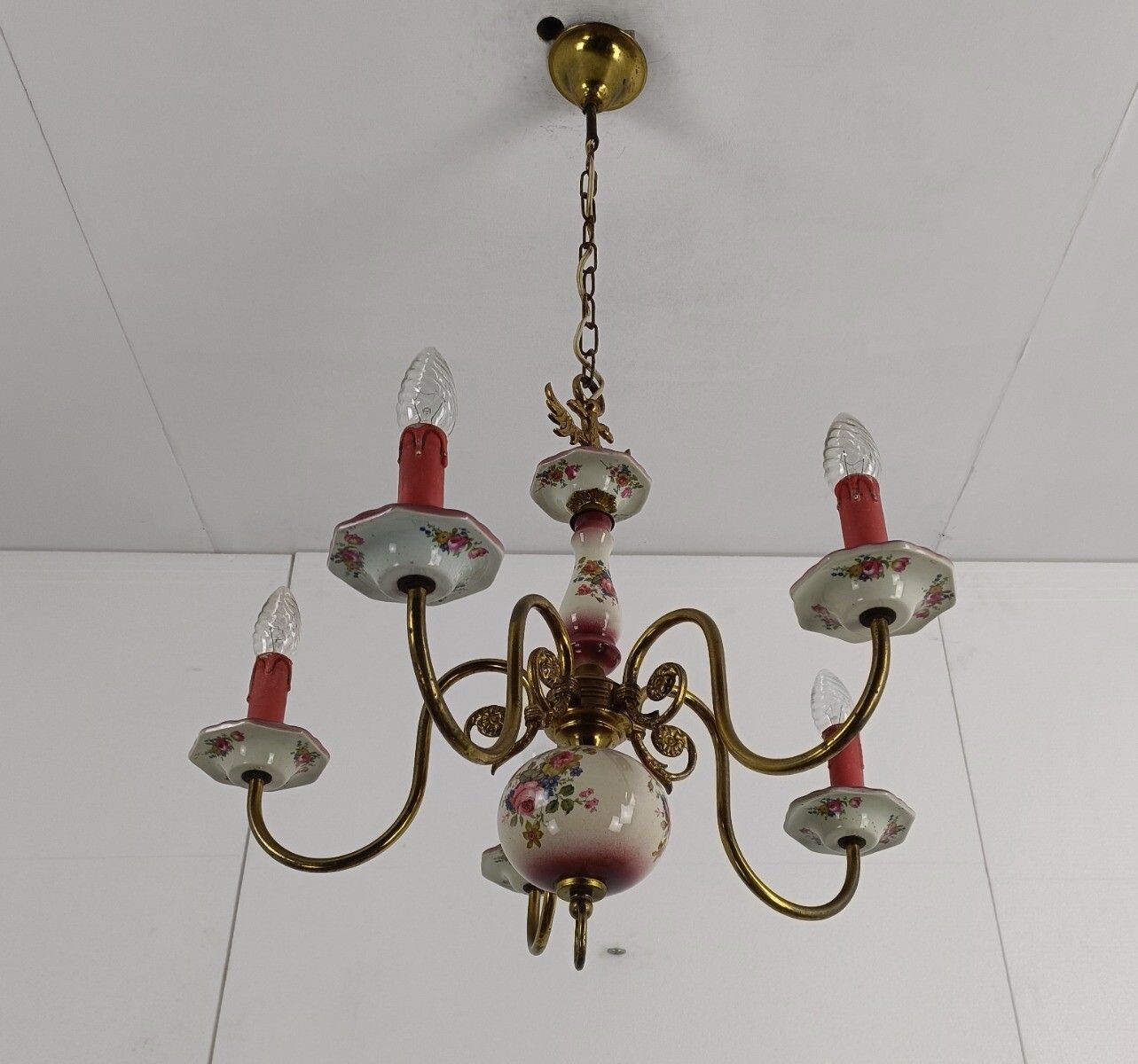 Chandelier Italy Italian Porcelain Pink Flowers Modernist Vintage 5 Arms 5 Light photo 244.0