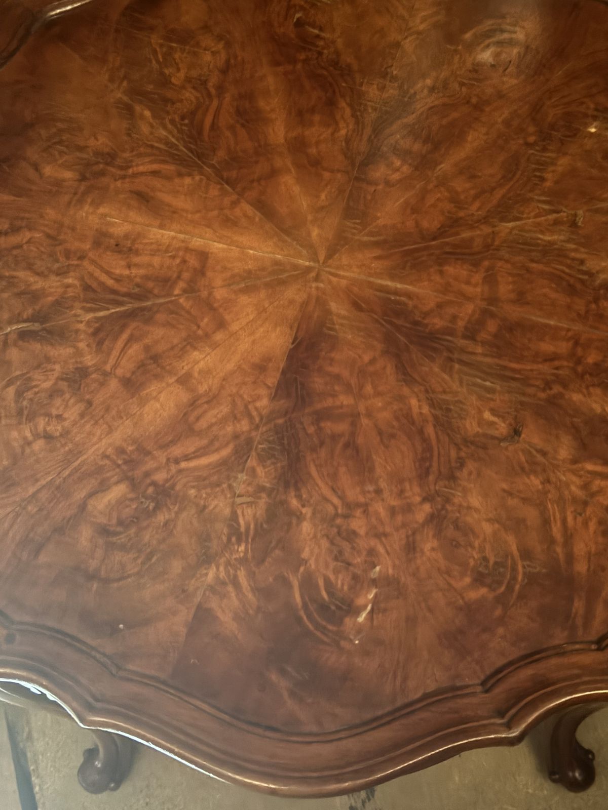 Antique French 1920's Burr Walnut Veneer Round Coffee Table photo furniture
