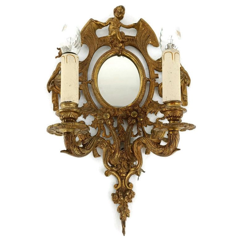 Double Wall Sconce Light Rococo Ornate Brass Angel Women Mythology Gorgous Vinta