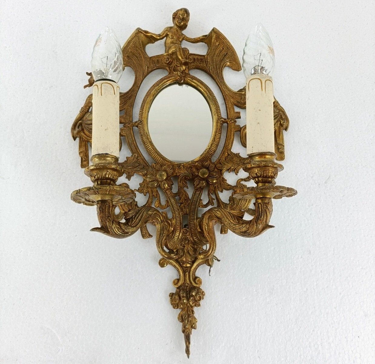 Double Wall Sconce Light Rococo Ornate Brass Angel Women Mythology Gorgous Vinta photo for sale