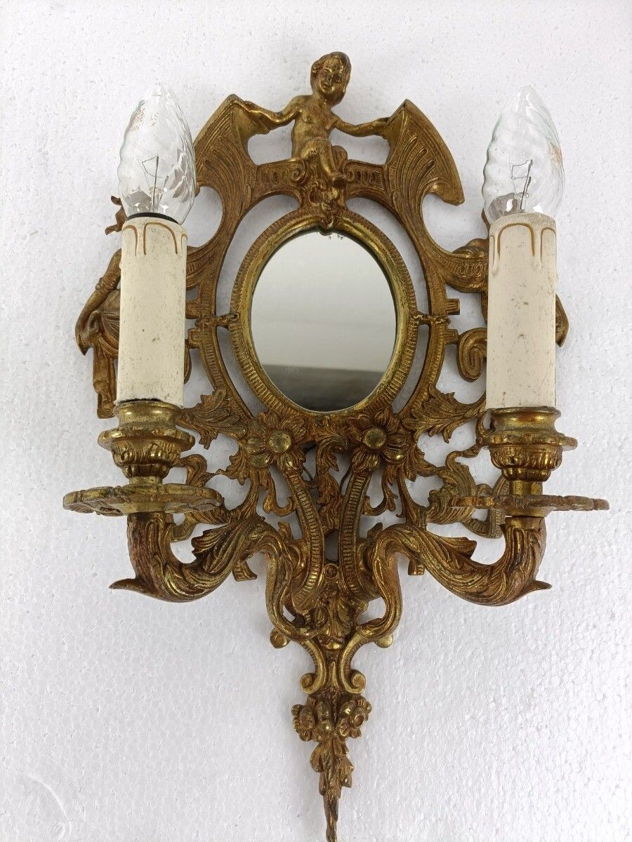 Double Wall Sconce Light Rococo Ornate Brass Angel Women Mythology Gorgous Vinta photo 323.0
