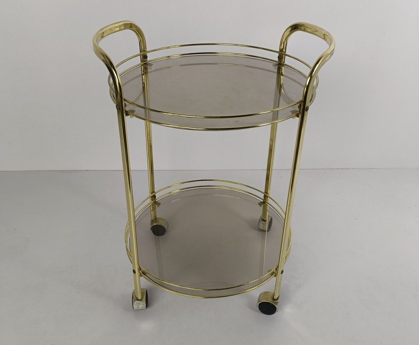 Bar Cart Hollywood Regency Round Trolley Smoked Glass, Vintage Brass 2 Tier Serv photo vinterior