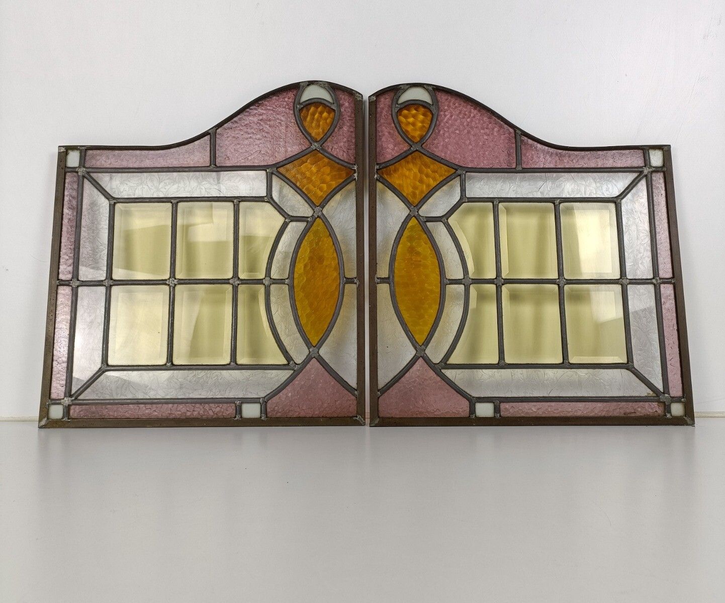 Antique Art Deco Leaded Glass Pair Polychrome Windows Reclaimed Architectural  P photo furniture