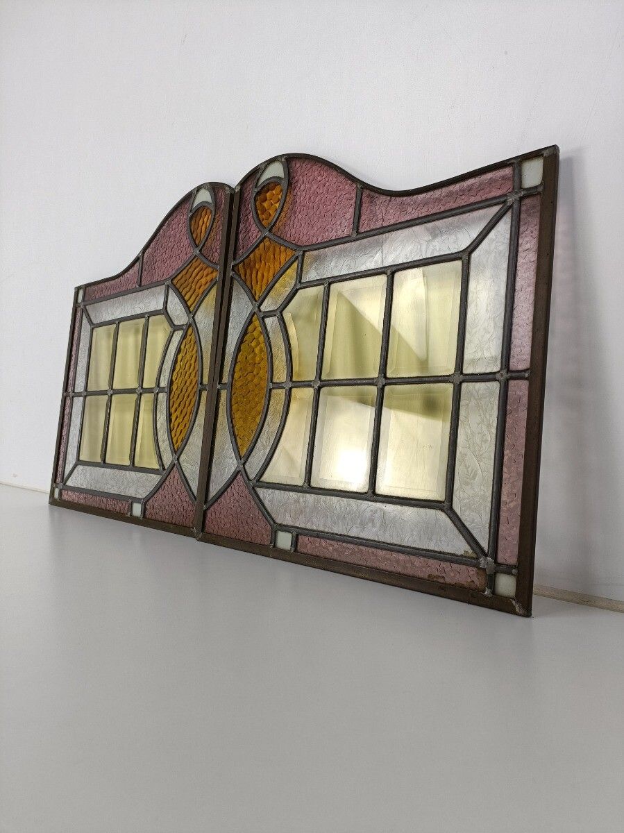 Antique Art Deco Leaded Glass Pair Polychrome Windows Reclaimed Architectural  P photo Art