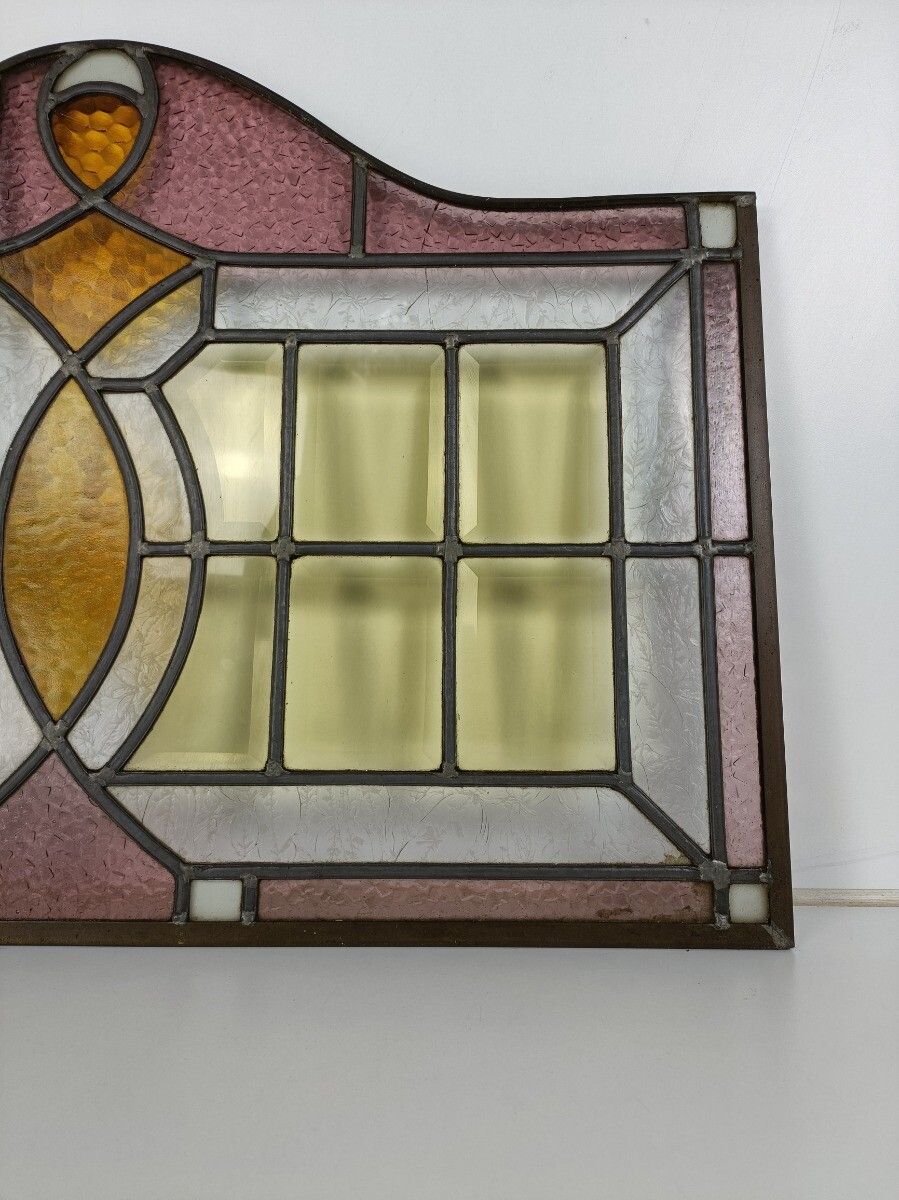 Antique Art Deco Leaded Glass Pair Polychrome Windows Reclaimed Architectural  P photo 485.0