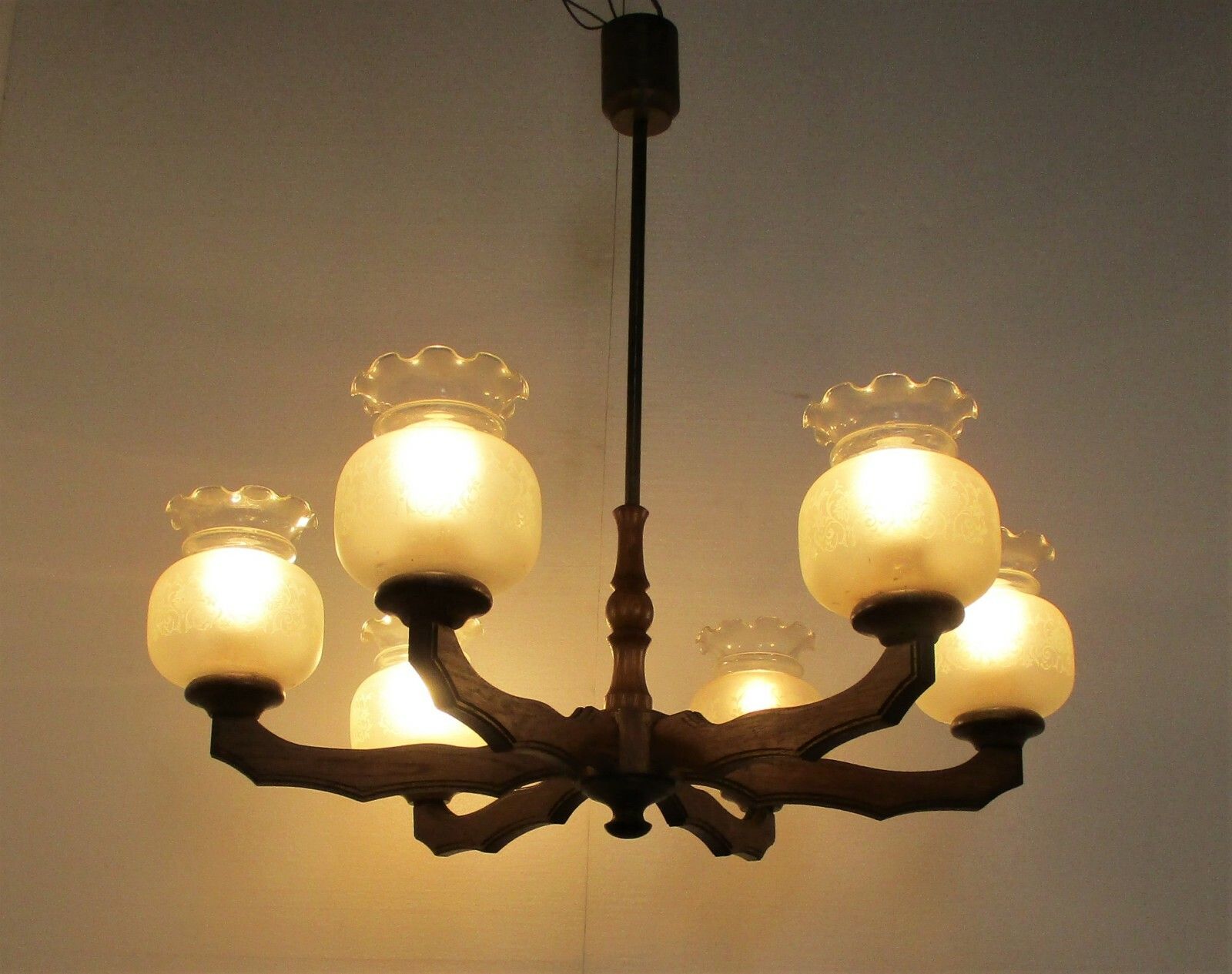 Architectural Art Deco Lounge Chandelier Etched Glass Shades 6 Arms Lights Wood photo buy