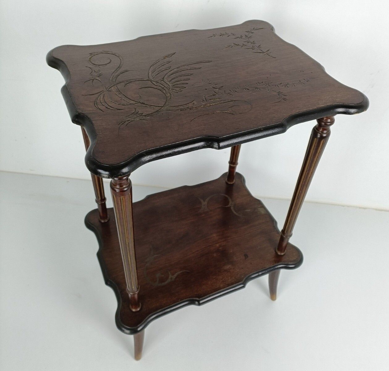 Two Tier Antique Side Occasional Table Carved Wooden Top Barn Farmhouse Style photo for sale
