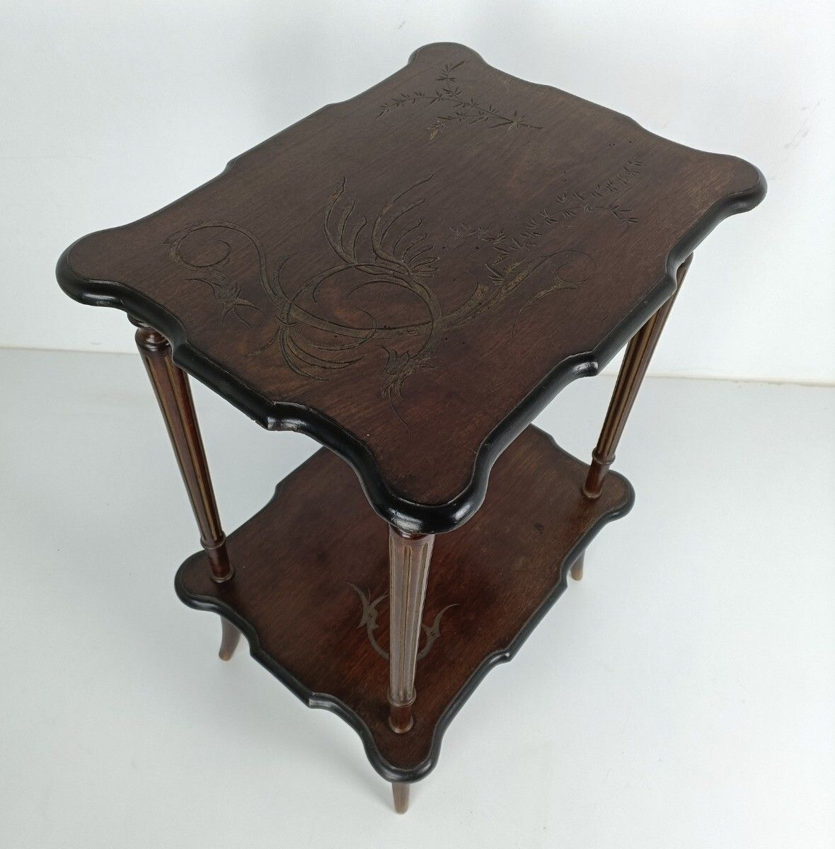 Two Tier Antique Side Occasional Table Carved Wooden Top Barn Farmhouse Style photo buy