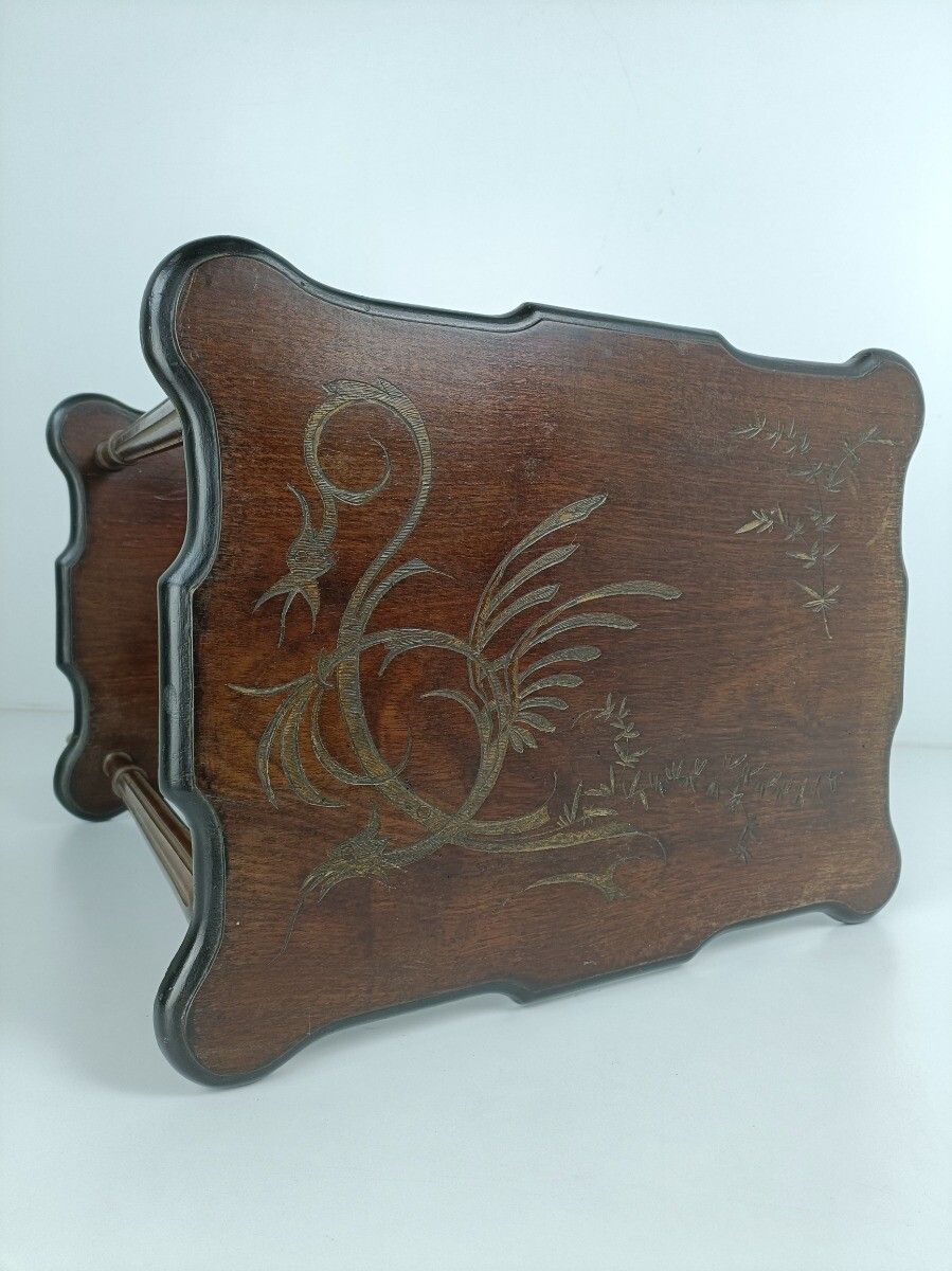 photo furniture Two Tier Antique Side Occasional Table Carved Wooden Top Barn Farmhouse Style