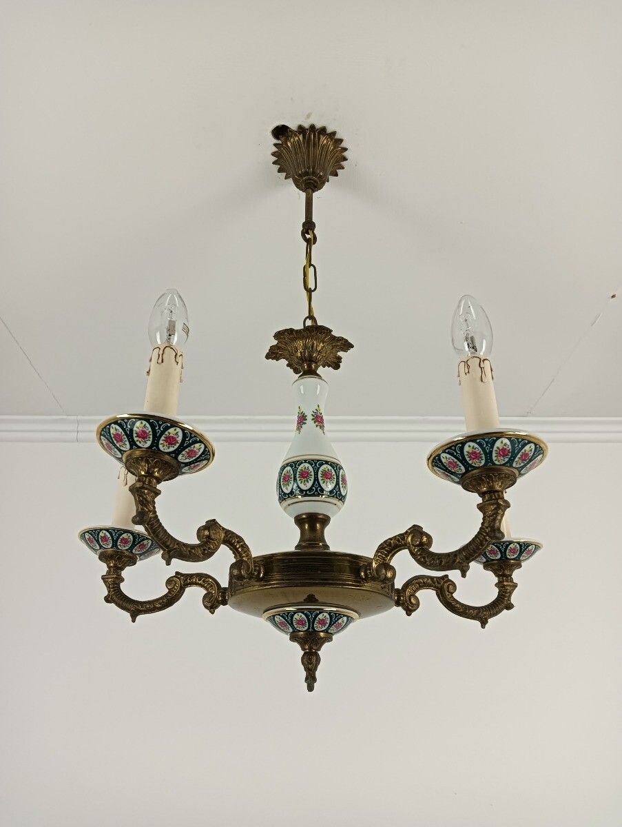 Porcelain Brass Chandelier Italian Style Pink  Rose Pattern Vintage 5 Lights Arm photo furniture