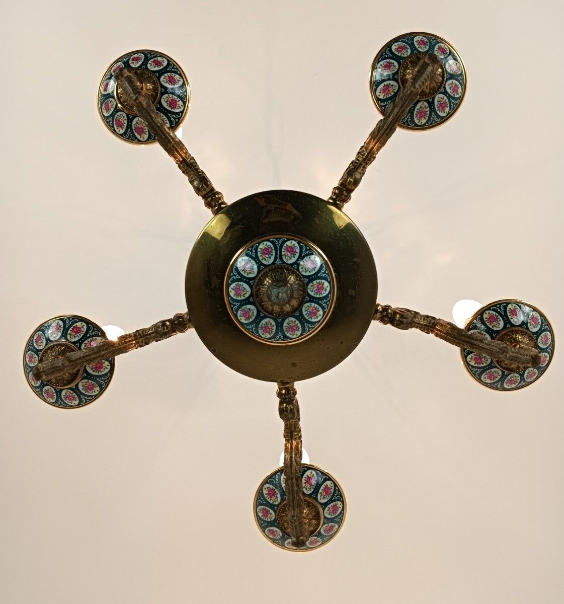 Porcelain Brass Chandelier Italian Style Pink  Rose Pattern Vintage 5 Lights Arm photo buy