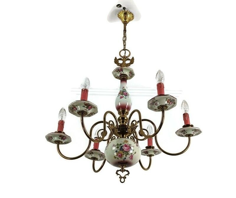 Lovely Italian Chandelier Brass With Porcelain Pink Flowers Pattern 6 Lights Vin