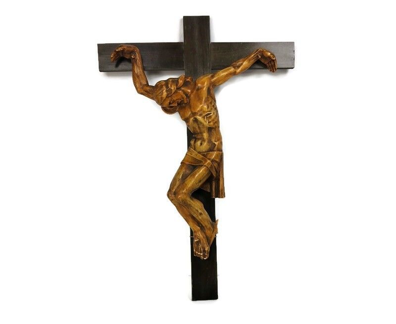 Xl Wood Hanging Crucifix Plaster Hand Made Corpus Van Der Meeren Very Dramatic