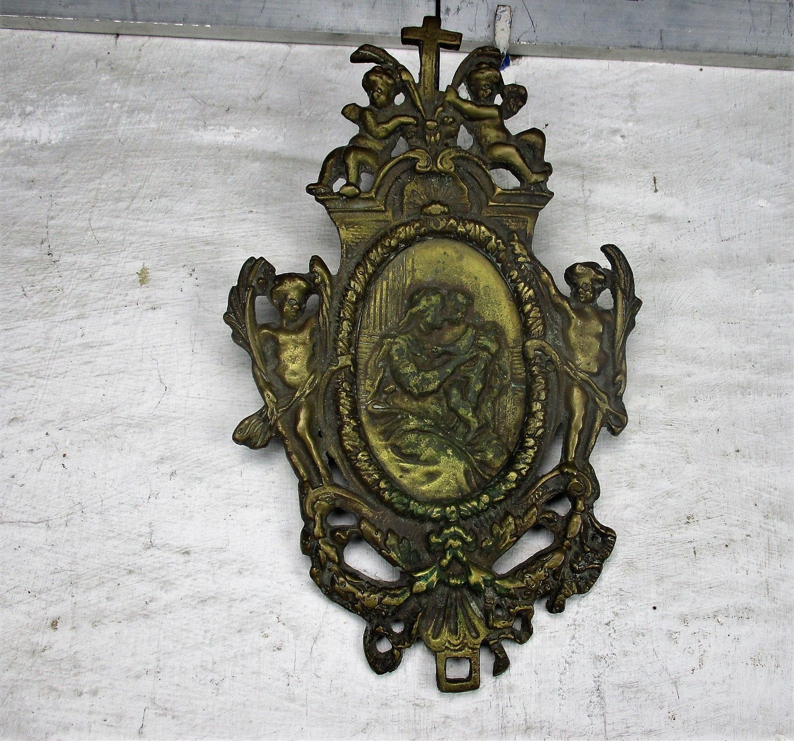 Antique Brass Ornate Plaque Church Virgin Child Angel Collector Wall Hanging Htf photo vinterior