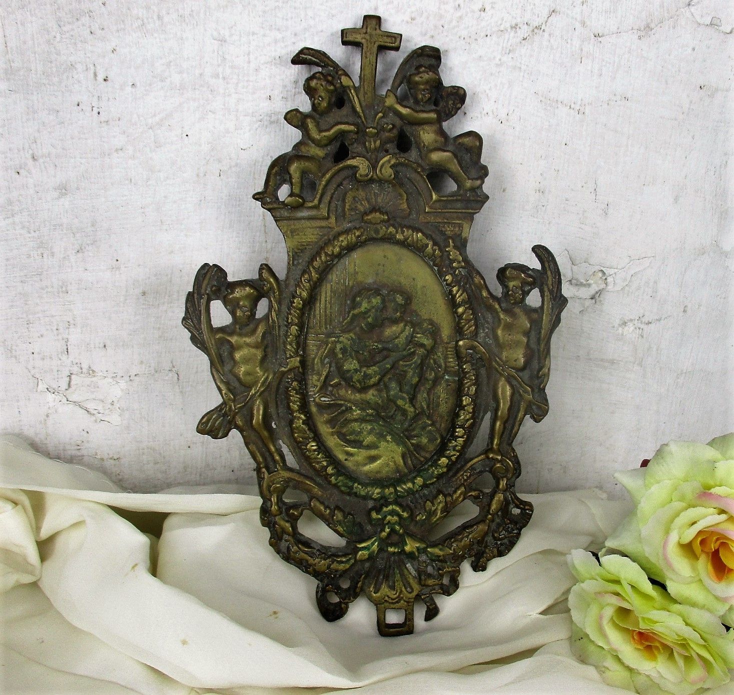 Antique Brass Ornate Plaque Church Virgin Child Angel Collector Wall Hanging Htf photo vintage