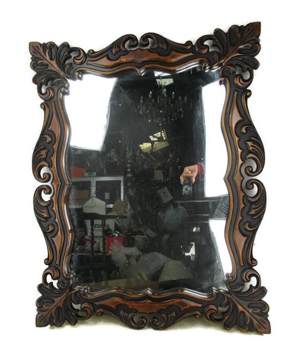 Large Wooden Wall Hanging  Mirror Ornate Vanity Dresser Hallway 34" X 26