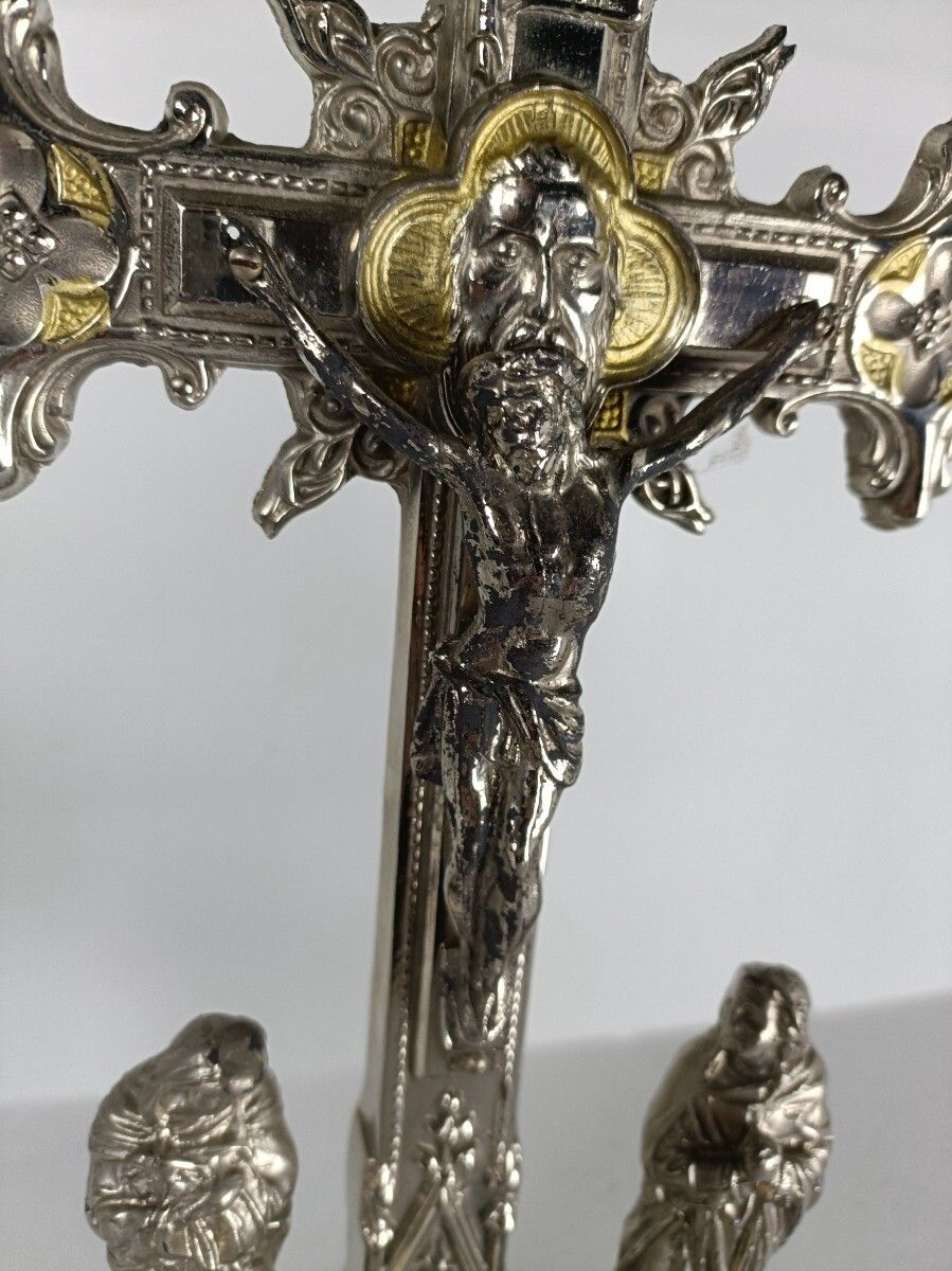 Gorgeous Standing Crucifix Silver Plated Calvary Saint John Mary Magdalene Faux photo for sale