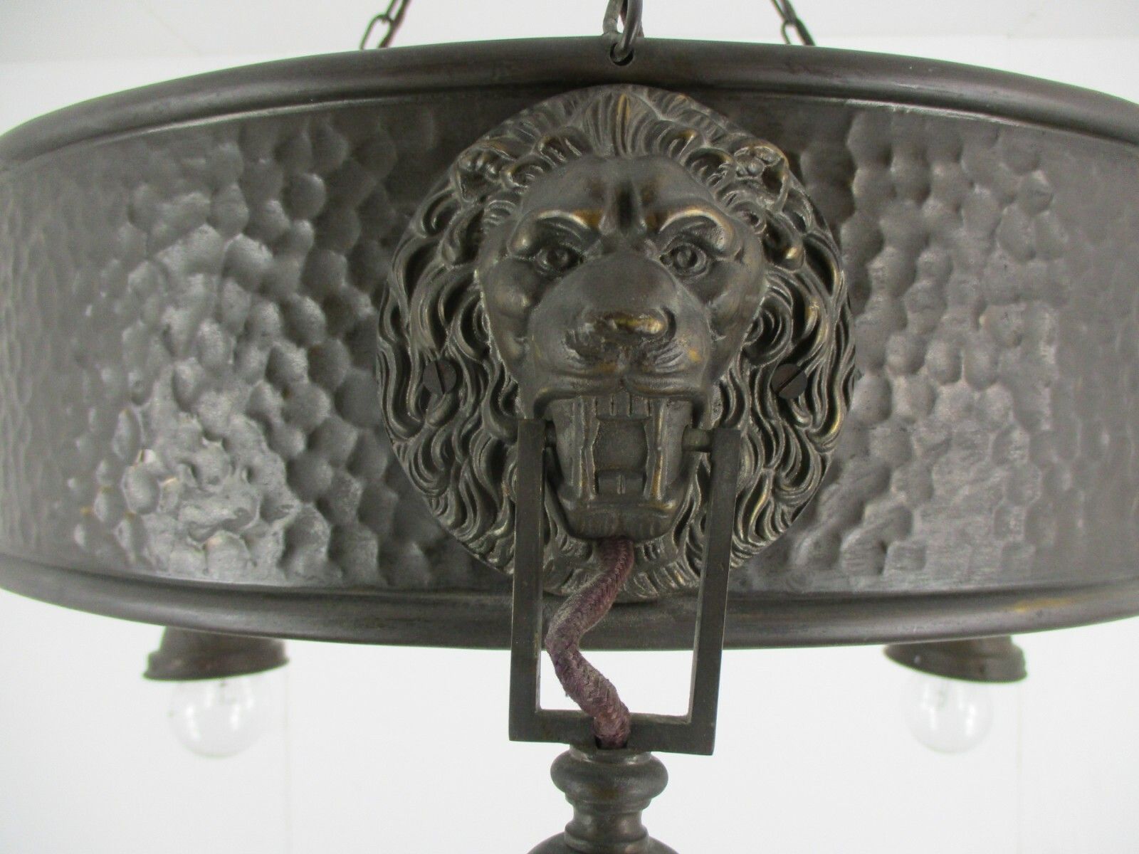 Art Deco Nouveau Chandelier 3 Lights Ornate Hammered Brass Lion Heads Antique photo furniture