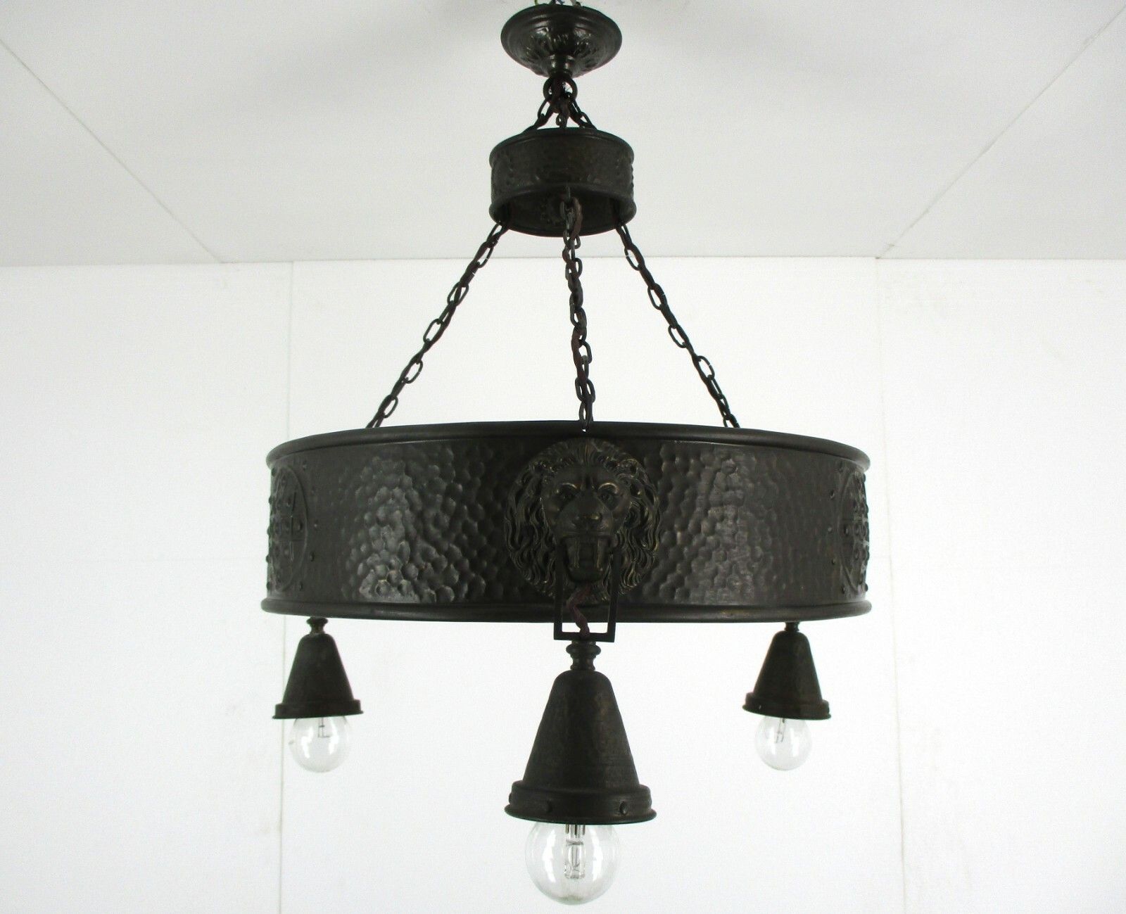 Art Deco Nouveau Chandelier 3 Lights Ornate Hammered Brass Lion Heads Antique photo Lighting