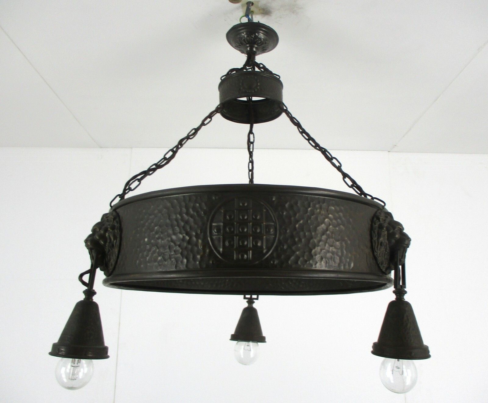 Art Deco Nouveau Chandelier 3 Lights Ornate Hammered Brass Lion Heads Antique photo vinterior