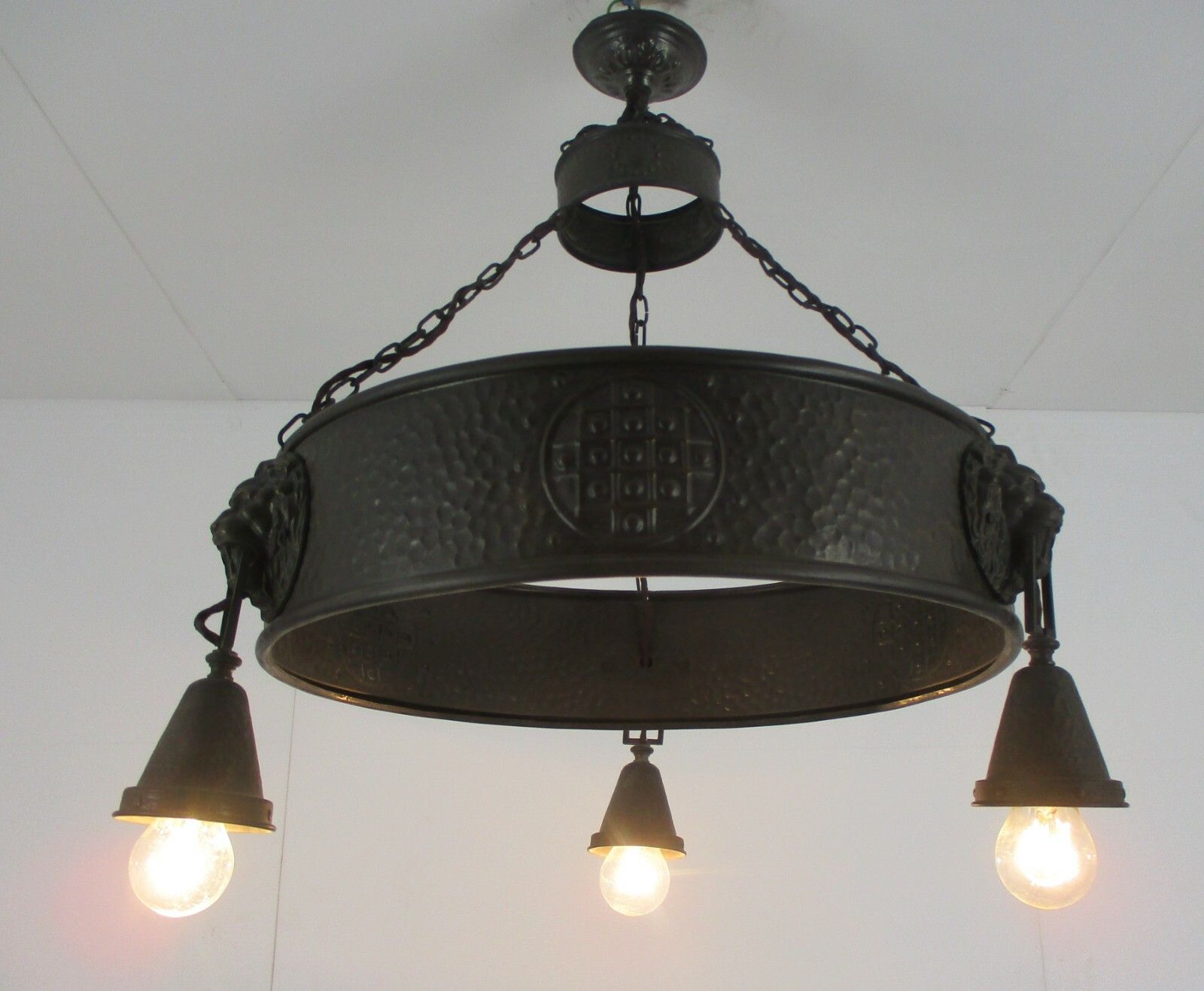 Art Deco Nouveau Chandelier 3 Lights Ornate Hammered Brass Lion Heads Antique photo buy
